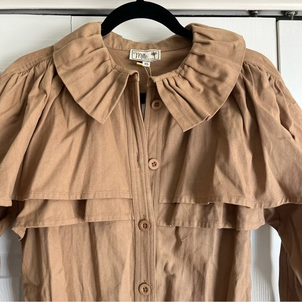 Women’s Camel Trench Coat with Ruffle Cape Detail - Picture 7 of 16
